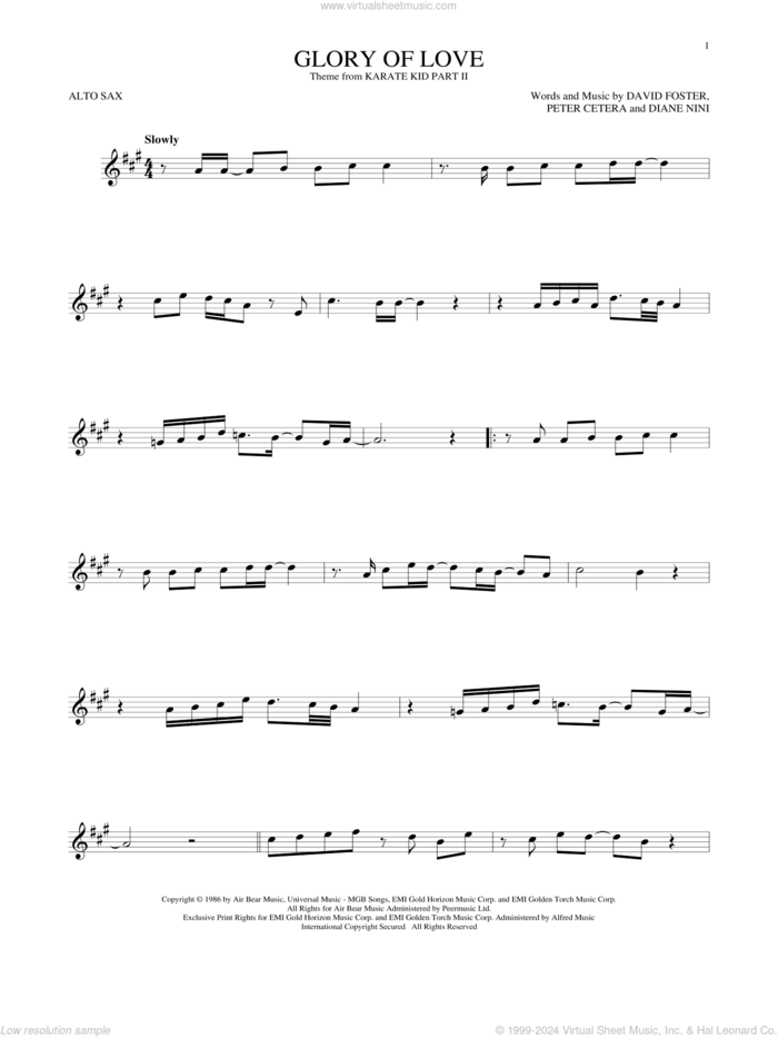 Glory Of Love sheet music for alto saxophone solo by Peter Cetera, David Foster and Diane Nini, intermediate skill level