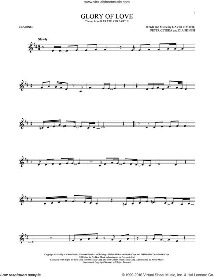 Glory Of Love sheet music for clarinet solo by Peter Cetera, David Foster and Diane Nini, intermediate skill level