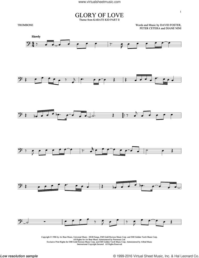 Glory Of Love sheet music for trombone solo by Peter Cetera, David Foster and Diane Nini, intermediate skill level