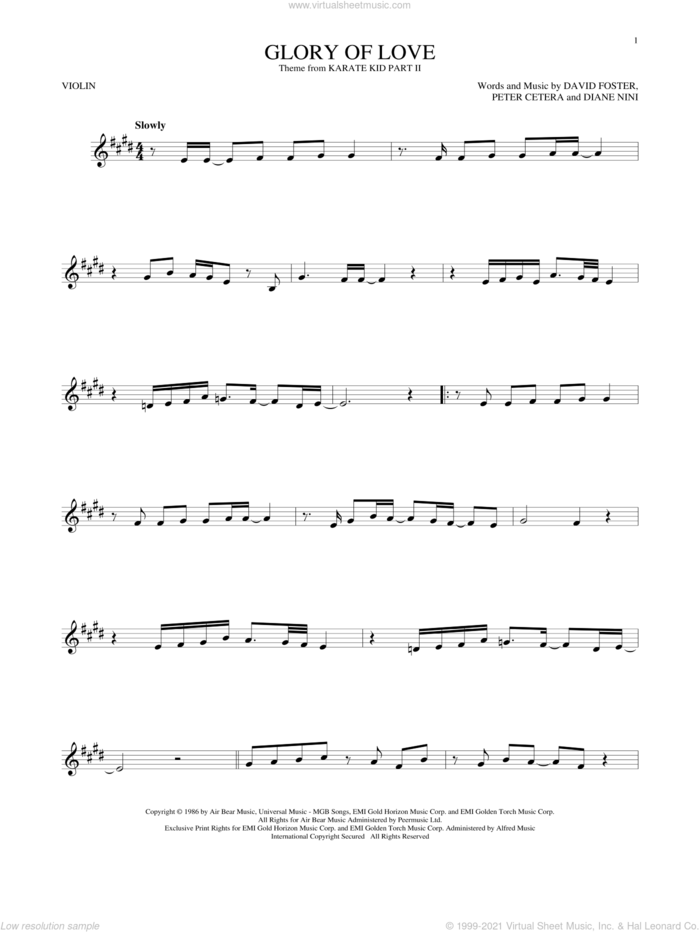 Glory Of Love sheet music for violin solo by Peter Cetera, David Foster and Diane Nini, intermediate skill level