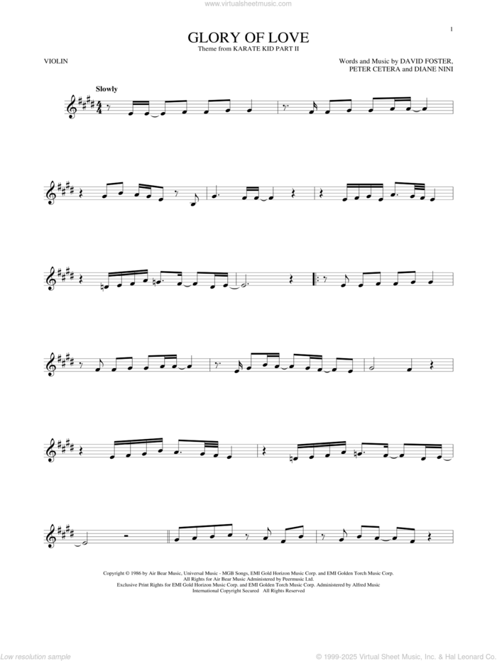 Glory Of Love sheet music for violin solo by Peter Cetera, David Foster and Diane Nini, intermediate skill level