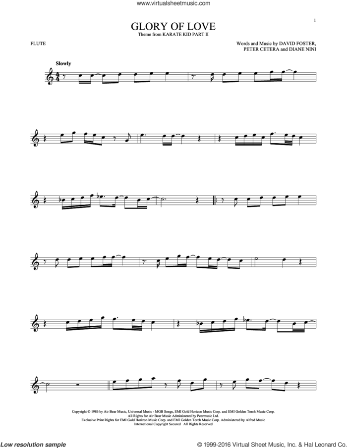 Glory Of Love sheet music for flute solo by Peter Cetera, David Foster and Diane Nini, intermediate skill level