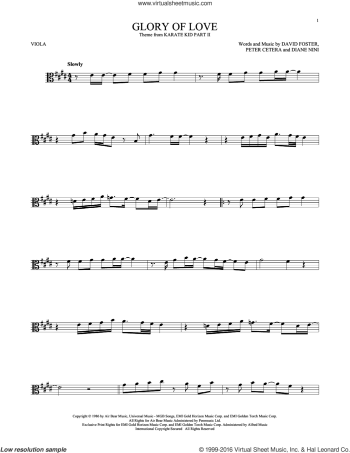 Glory Of Love sheet music for viola solo by Peter Cetera, David Foster and Diane Nini, intermediate skill level