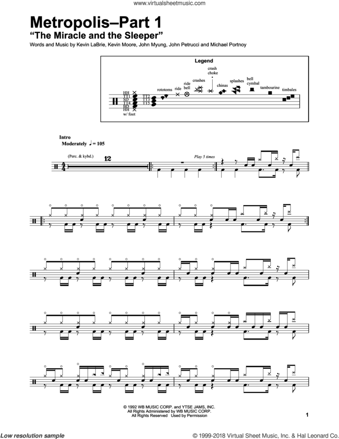 Metropolis-Part 1 'The Miracle And The Sleeper' sheet music for drums by Dream Theater, John Myung, John Petrucci, Kevin James Labrie, Kevin Moore and Michael Portnoy, intermediate skill level
