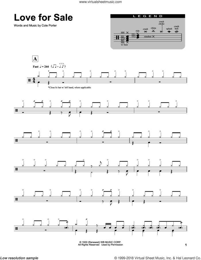 Love For Sale sheet music for drums by Cole Porter and Buddy Rich, intermediate skill level