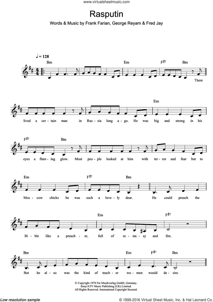 Rasputin sheet music for voice and other instruments (fake book) by Boney M., intermediate skill level