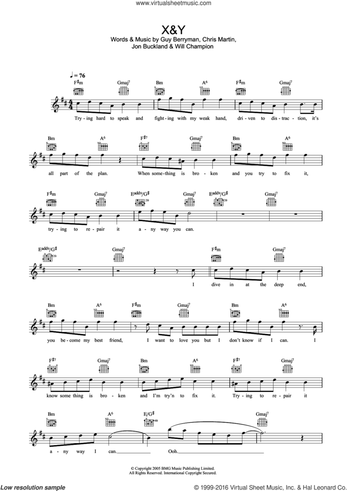 X and Y sheet music for voice and other instruments (fake book) by Coldplay, Chris Martin, Guy Berryman, Jonny Buckland and Will Champion, intermediate skill level