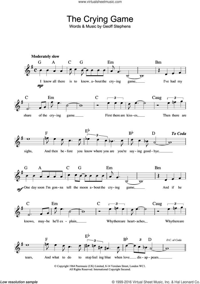 The Crying Game sheet music for voice and other instruments (fake book) by Geoff Stephens, intermediate skill level