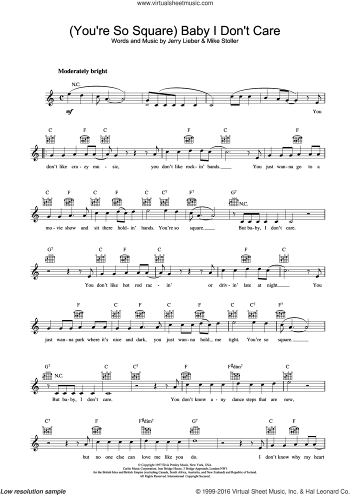 (You're So Square) Baby I Don't Care sheet music for voice and other instruments (fake book) by Mike Stoller, Elvis Presley and Jerry Lieber, intermediate skill level