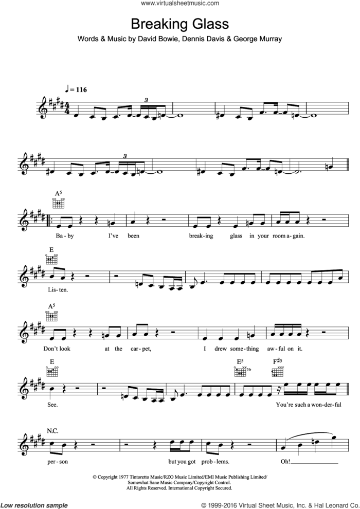 Breaking Glass sheet music for voice and other instruments (fake book) by David Bowie, intermediate skill level