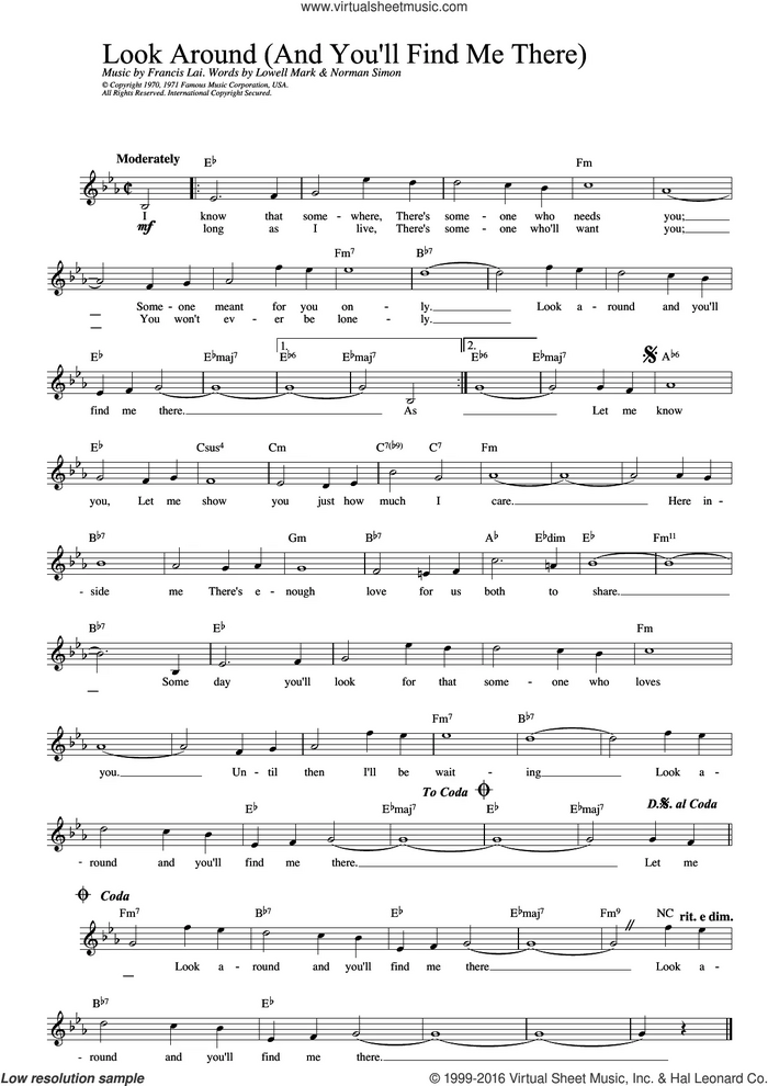 Look Around (And You'll Find Me There) (from Love Story) sheet music for voice and other instruments (fake book) by Francis Lai, Lowell Mark and Norman Simon, intermediate skill level