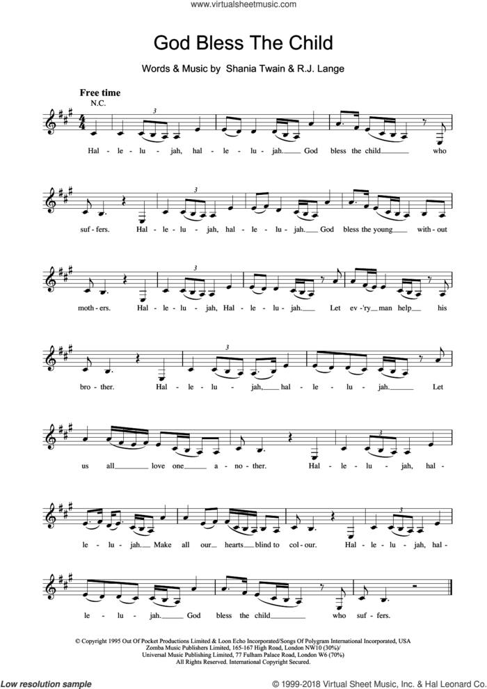 God Bless The Child sheet music for voice and other instruments (fake book) by Shania Twain and Robert John Lange, intermediate skill level