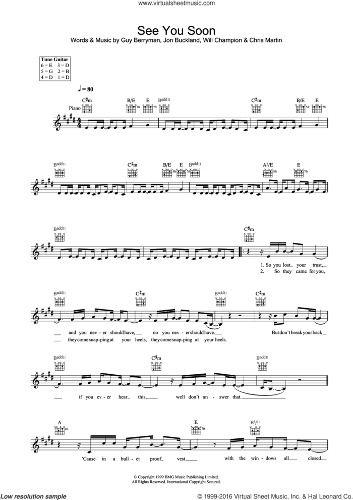 See You Soon sheet music for voice and other instruments (fake book) by Coldplay, Chris Martin, Guy Berryman, Jonny Buckland and Will Champion, intermediate skill level