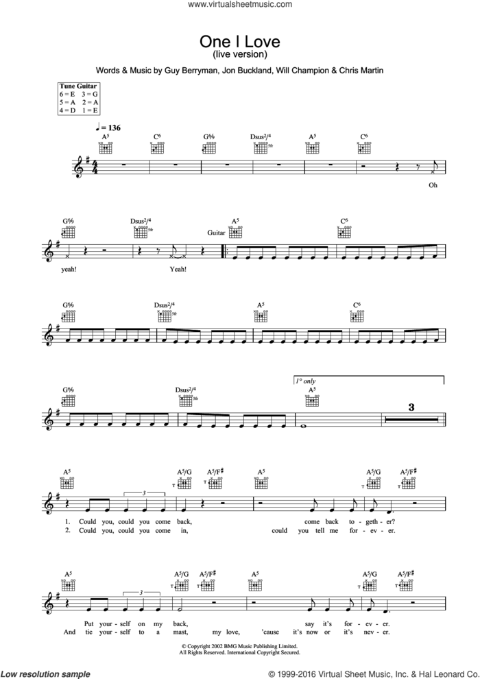 One I Love sheet music for voice and other instruments (fake book) by Guy Berryman, Coldplay, Jonny Buckland and Will Champion, intermediate skill level
