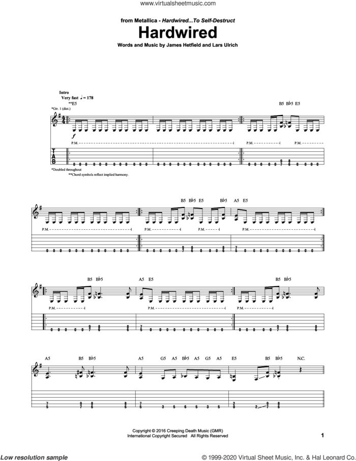 Hardwired sheet music for guitar (tablature) by Metallica, James Hetfield and Lars Ulrich, intermediate skill level