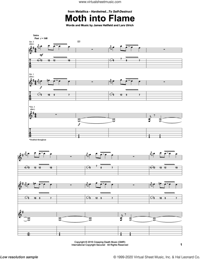 Moth Into Flame sheet music for guitar (tablature) by Metallica, James Hetfield and Lars Ulrich, intermediate skill level