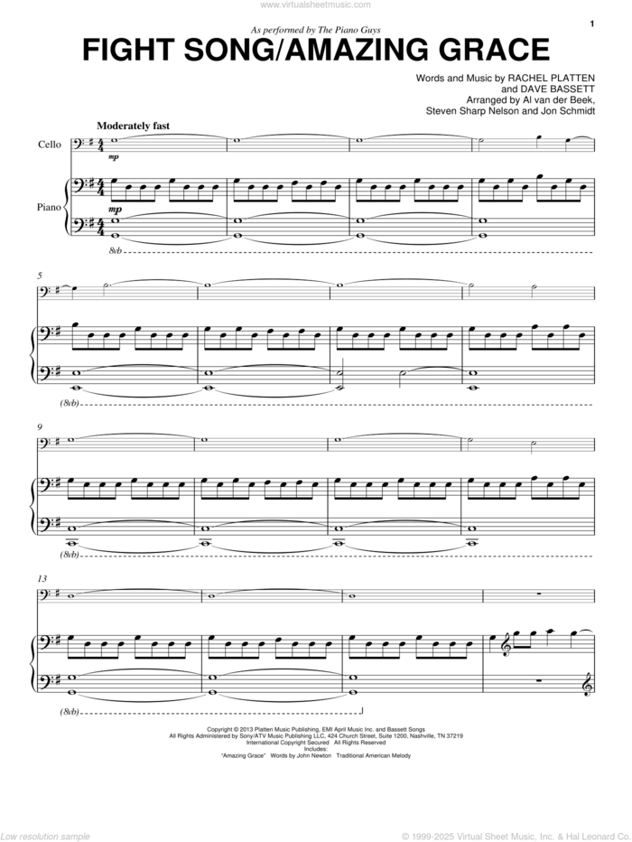 Fight Song/Amazing Grace sheet music for cello and piano by The Piano Guys, Dave Bassett and Rachel Platten, intermediate skill level