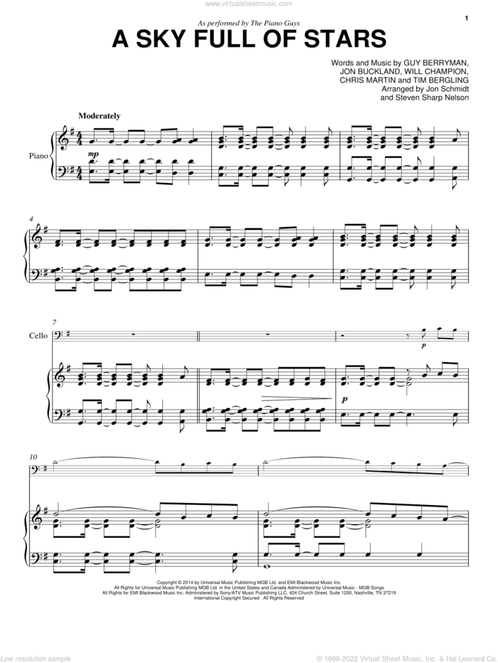 A Sky Full Of Stars sheet music for cello and piano by The Piano Guys, Coldplay, Chris Martin, Guy Berryman, Jon Buckland, Tim Bergling and Will Champion, wedding score, intermediate skill level
