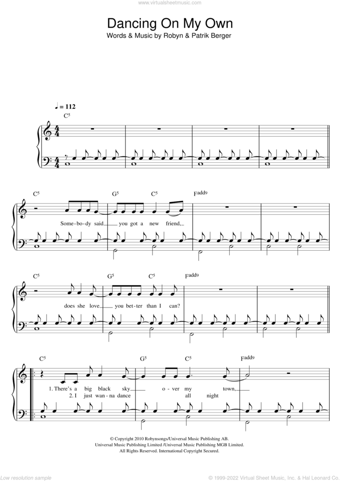 Dancing On My Own sheet music for piano solo by Calum Scott, Patrik Berger and Robyn, easy skill level