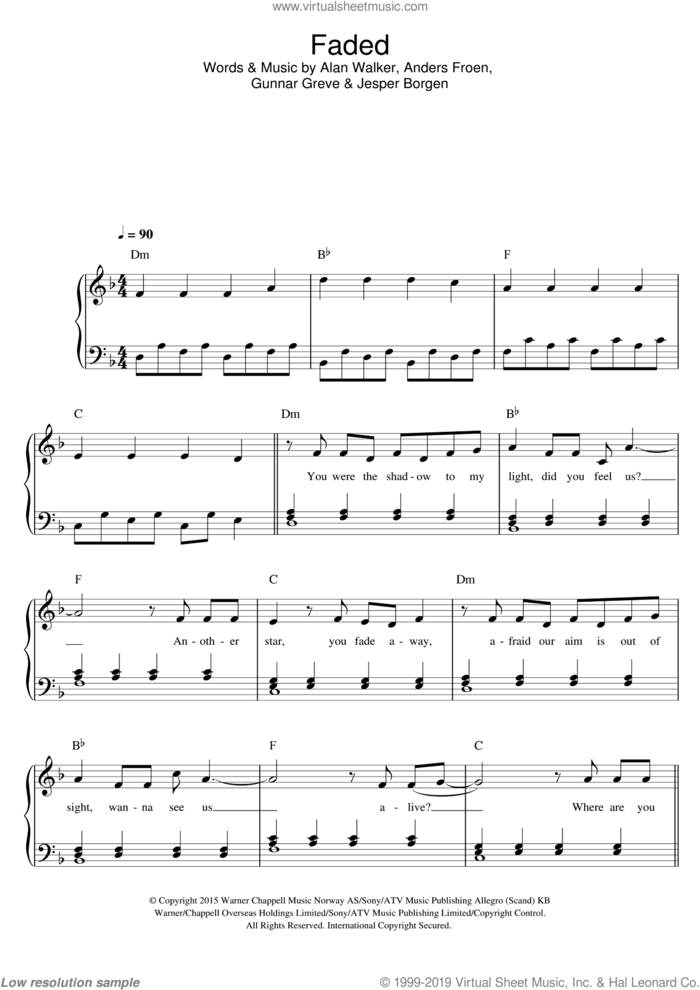 Faded sheet music for piano solo by Alan Walker, Anders Froen, Gunnar Greve and Jesper Borgen, easy skill level