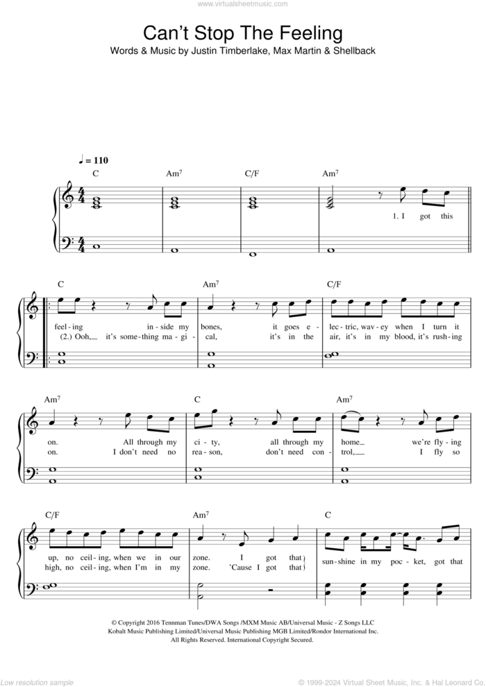 Can't Stop The Feeling sheet music for piano solo by Justin Timberlake, Max Martin and Shellback, easy skill level