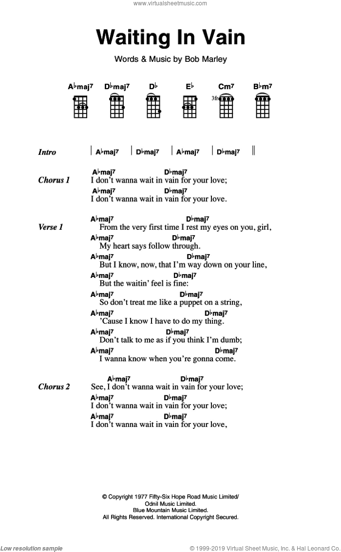 Waiting In Vain sheet music for ukulele (chords) by Bob Marley, intermediate skill level