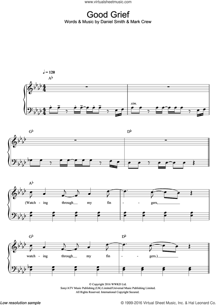 Good Grief sheet music for piano solo by Bastille, Daniel Smith and Mark Crew, easy skill level