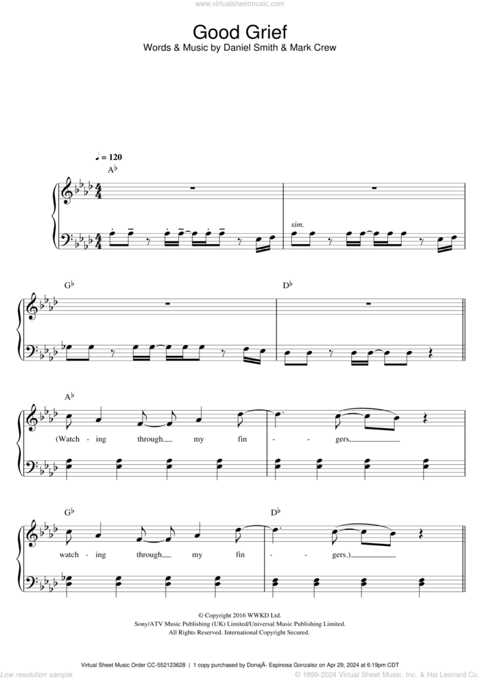 Good Grief, (easy) sheet music for piano solo by Bastille, Daniel Smith and Mark Crew, easy skill level