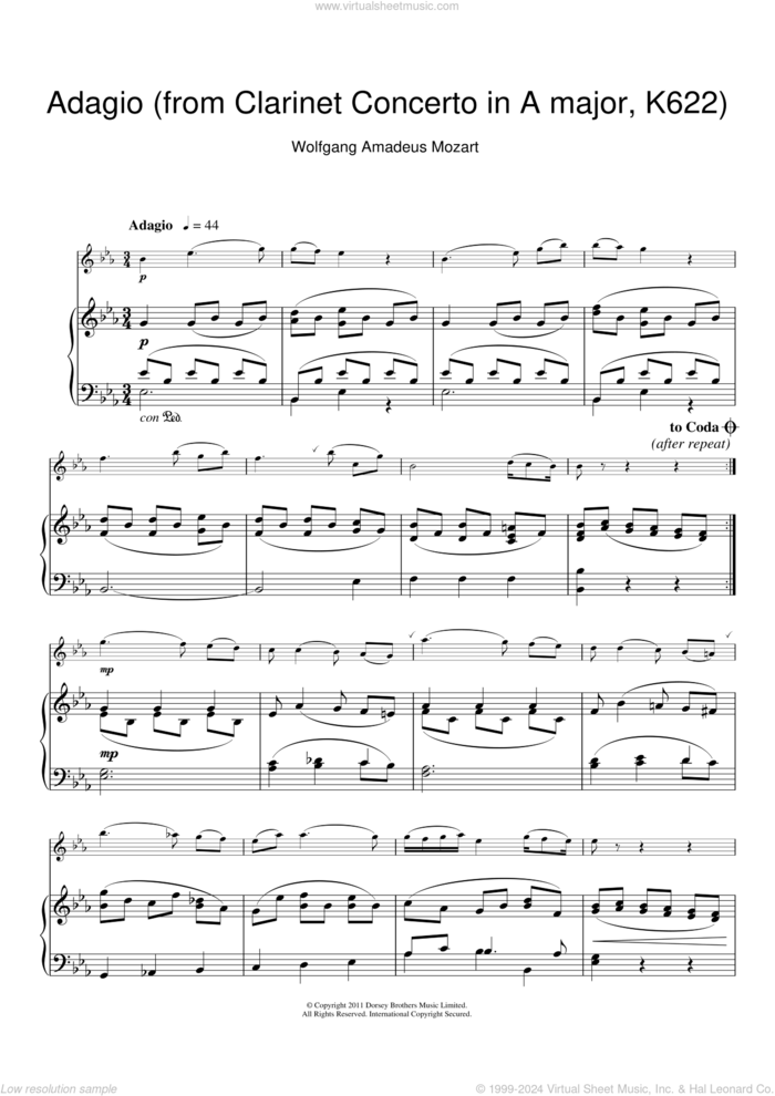 Slow Movement Theme (from Clarinet Concerto K622) sheet music for clarinet solo by Wolfgang Amadeus Mozart, classical score, intermediate skill level