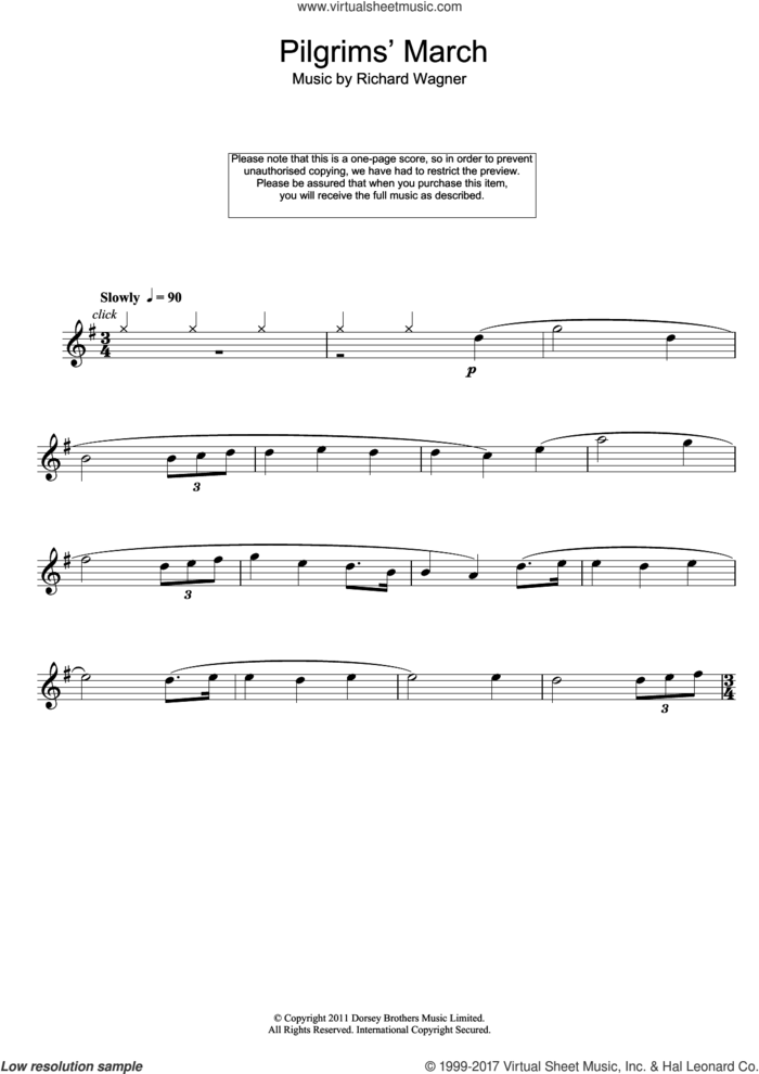 Pilgrims' March sheet music for flute solo by Richard Wagner, classical score, intermediate skill level