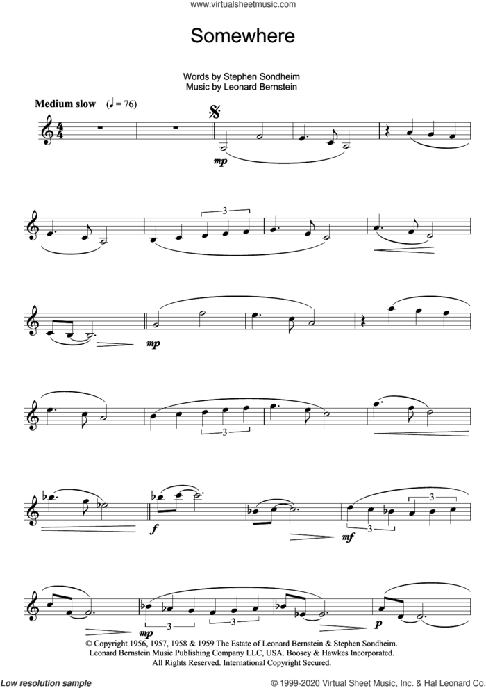 Somewhere (from West Side Story) sheet music for clarinet solo by Leonard Bernstein, Pet Shop Boys and Stephen Sondheim, intermediate skill level