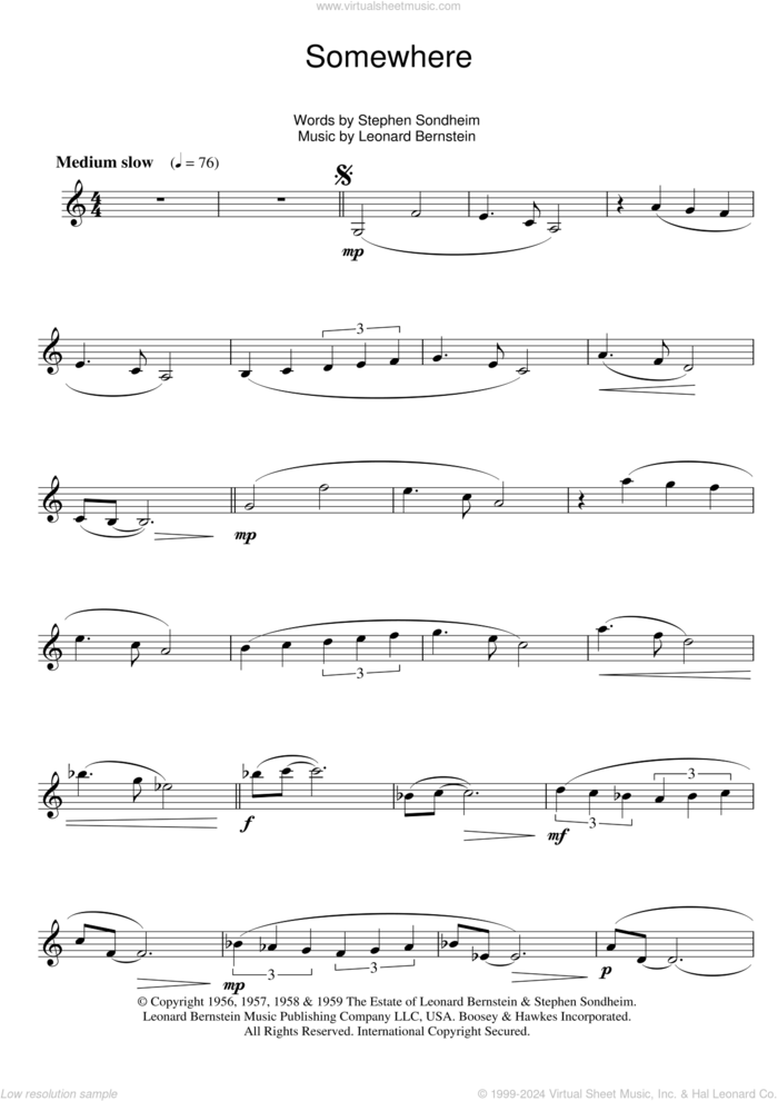 Somewhere (from West Side Story) sheet music for clarinet solo by Leonard Bernstein, Pet Shop Boys and Stephen Sondheim, intermediate skill level