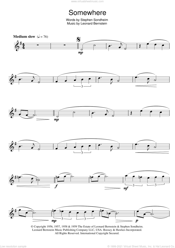 Somewhere (from West Side Story) sheet music for flute solo by Leonard Bernstein, Pet Shop Boys and Stephen Sondheim, intermediate skill level