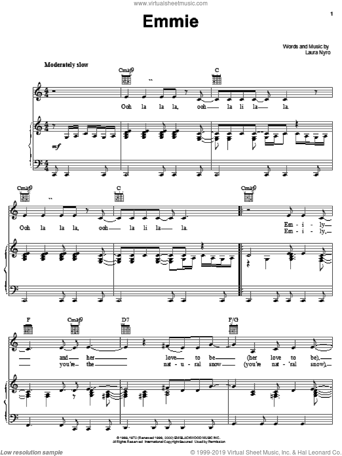 Emmie sheet music for voice, piano or guitar by Laura Nyro, intermediate skill level
