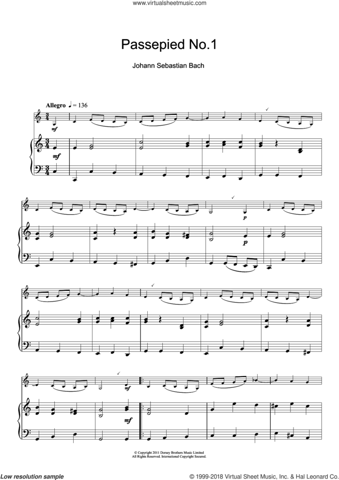 Passepied No.1 sheet music for clarinet solo by Johann Sebastian Bach, classical score, intermediate skill level