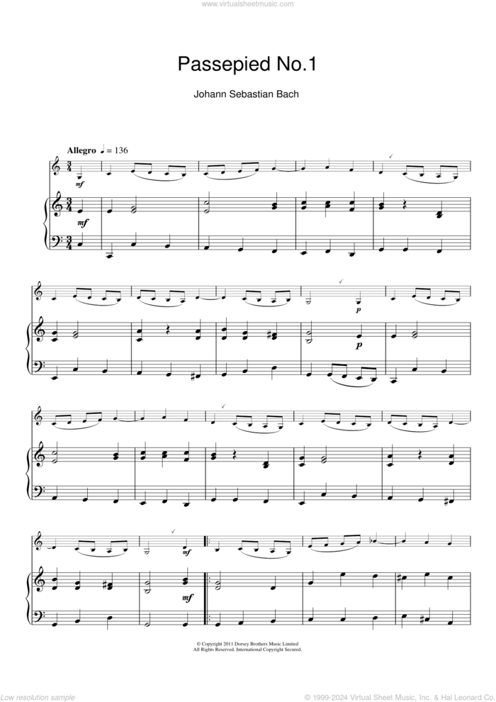 Passepied No.1 sheet music for clarinet solo by Johann Sebastian Bach, classical score, intermediate skill level