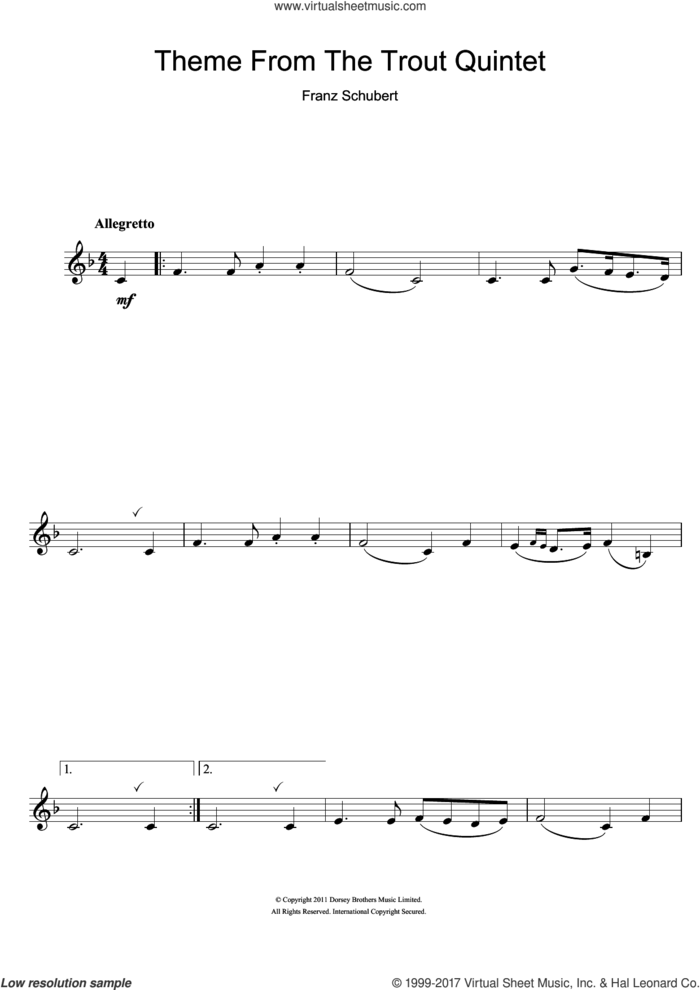 Theme From The Trout Quintet (Die Forelle) sheet music for clarinet solo by Franz Schubert, classical score, intermediate skill level