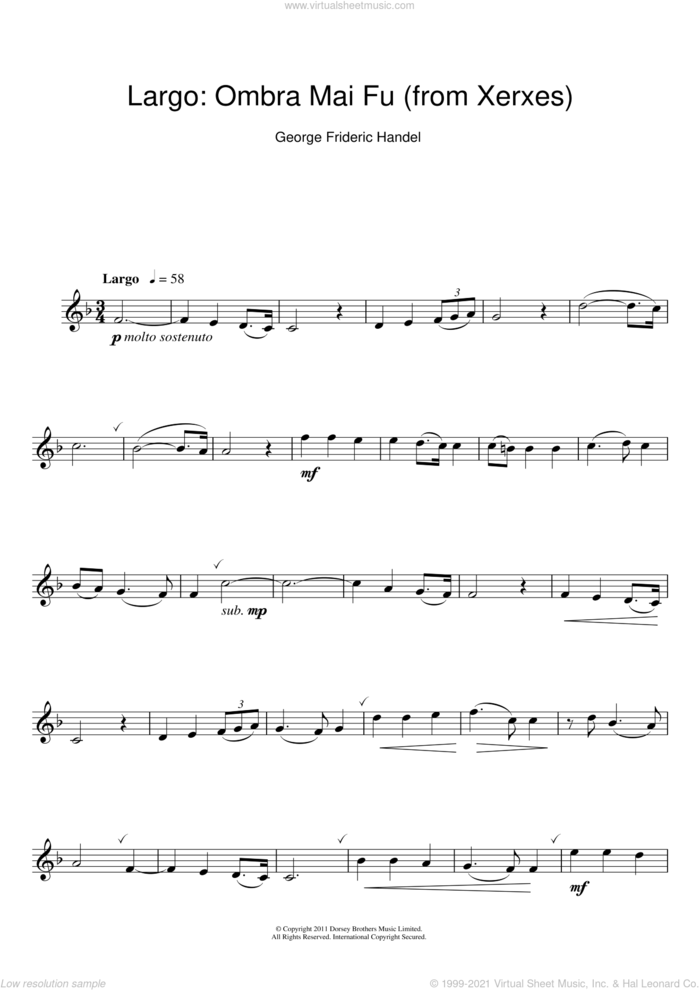 Largo (from Xerxes) sheet music for clarinet solo by George Frideric Handel, classical score, intermediate skill level