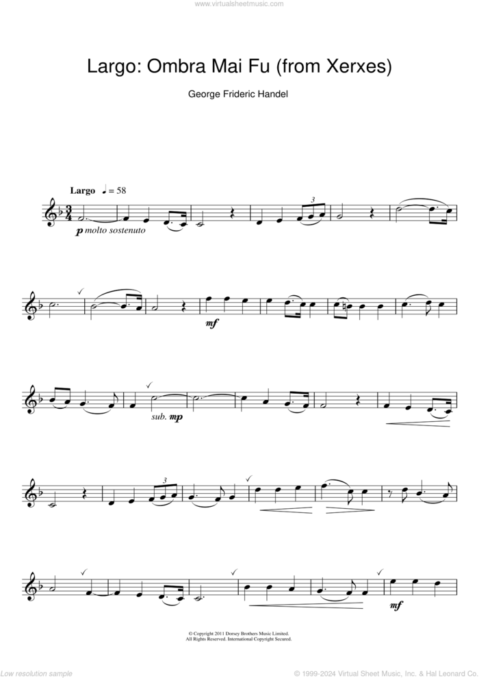 Largo (from Xerxes) sheet music for clarinet solo by George Frideric Handel, classical wedding score, intermediate skill level