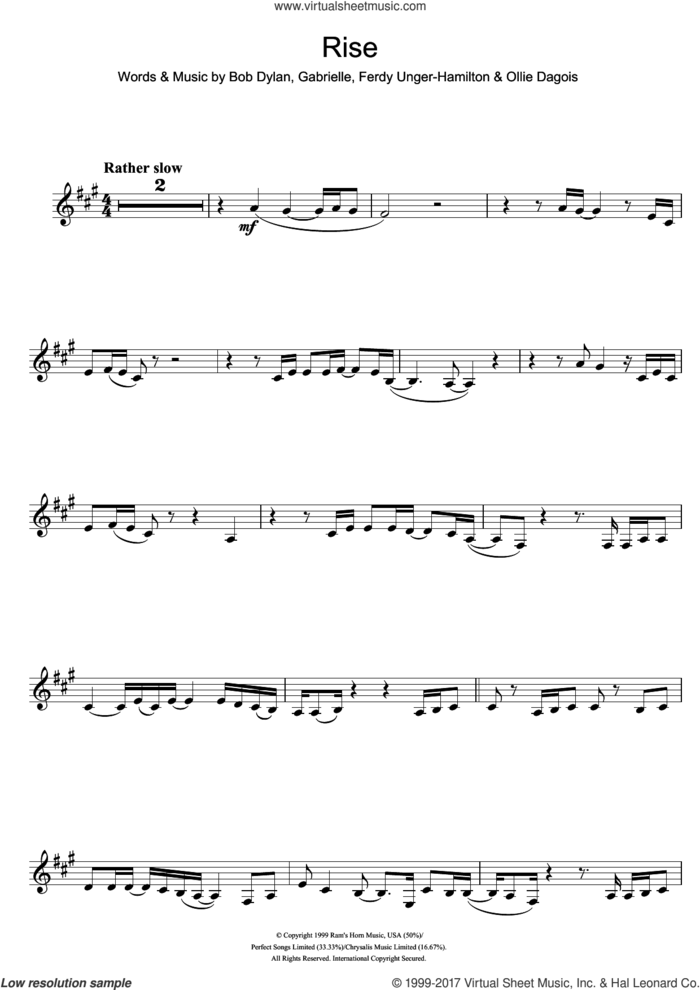 Rise sheet music for clarinet solo by Gabrielle, Bob Dylan, Ferdy Unger-Hamilton and Ollie Dagois, intermediate skill level