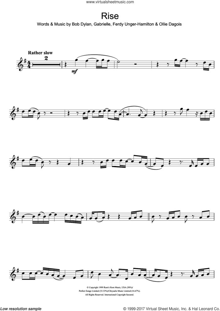 Rise sheet music for flute solo by Gabrielle, Bob Dylan, Ferdy Unger-Hamilton and Ollie Dagois, intermediate skill level