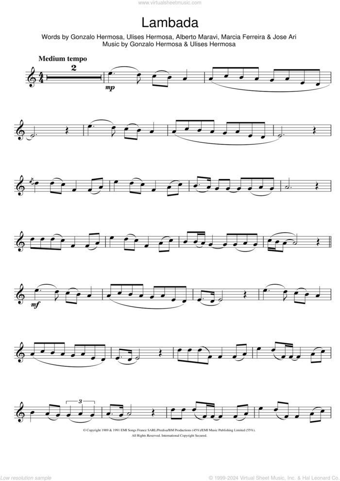 Lambada sheet music for clarinet solo by Kaoma, Alberto Maravi, Gonzalo Hermosa, Jose Ari, Marcia Ferreira and Ulises Hermosa, intermediate skill level