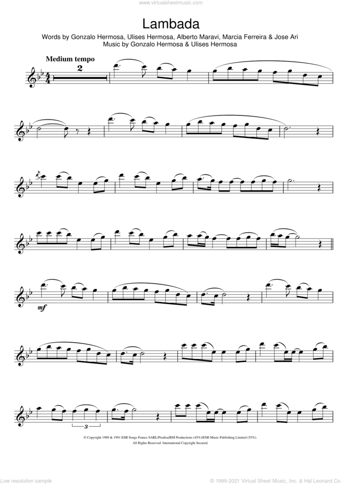 Lambada sheet music for flute solo by Kaoma, Alberto Maravi, Gonzalo Hermosa, Jose Ari, Marcia Ferreira and Ulises Hermosa, intermediate skill level
