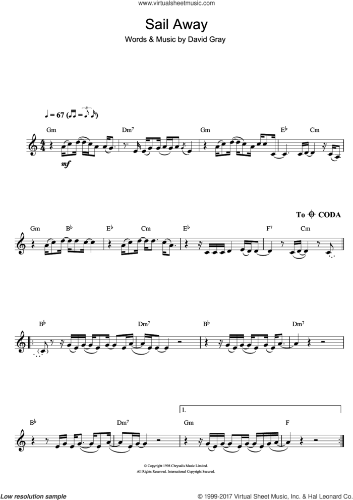 Sail Away sheet music for clarinet solo by David Gray, intermediate skill level