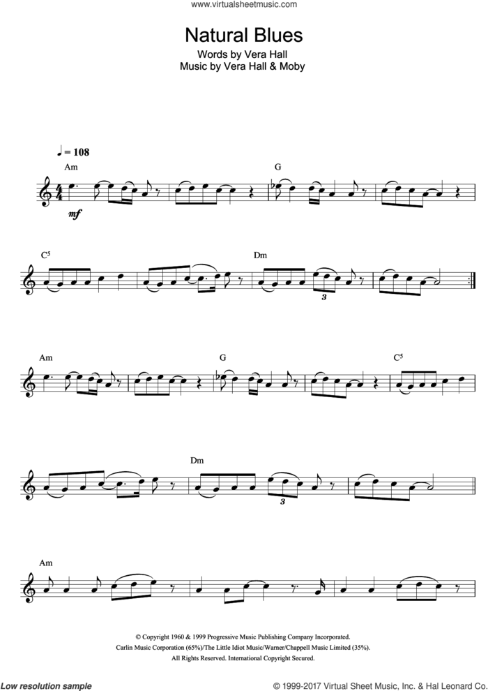 Natural Blues sheet music for flute solo by Moby and Vera Hall, intermediate skill level
