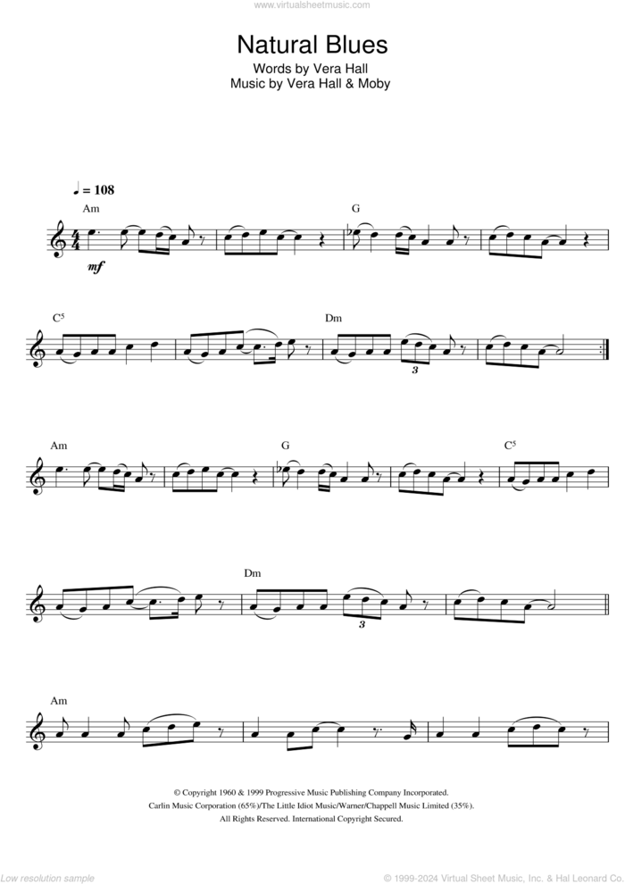 Natural Blues sheet music for flute solo by Moby and Vera Hall, intermediate skill level