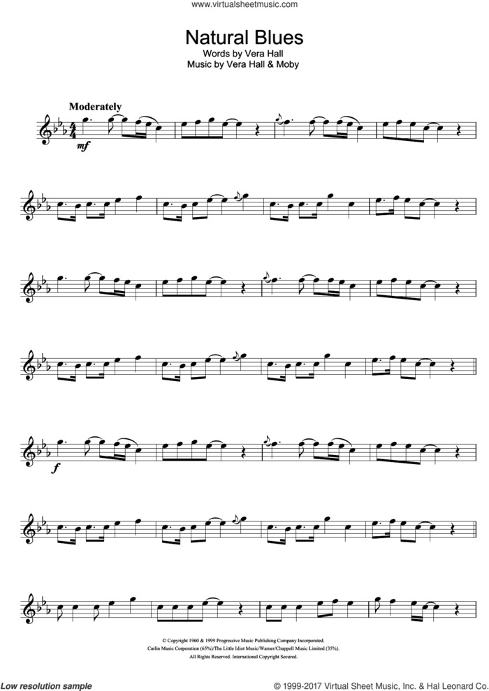 Natural Blues sheet music for flute solo by Moby and Vera Hall, intermediate skill level