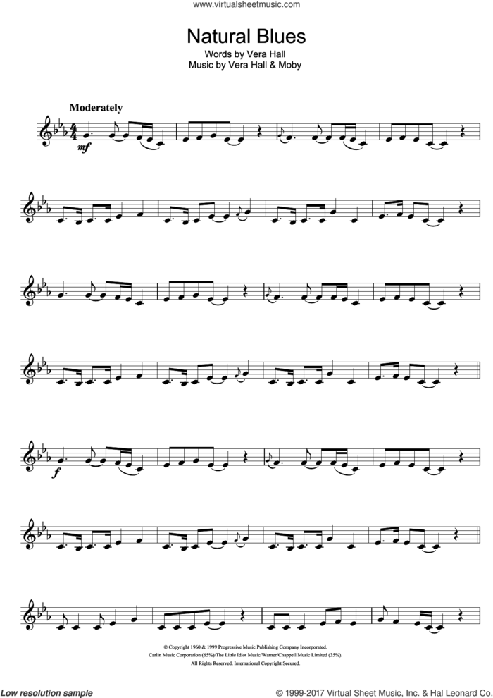 Natural Blues sheet music for violin solo by Moby and Vera Hall, intermediate skill level