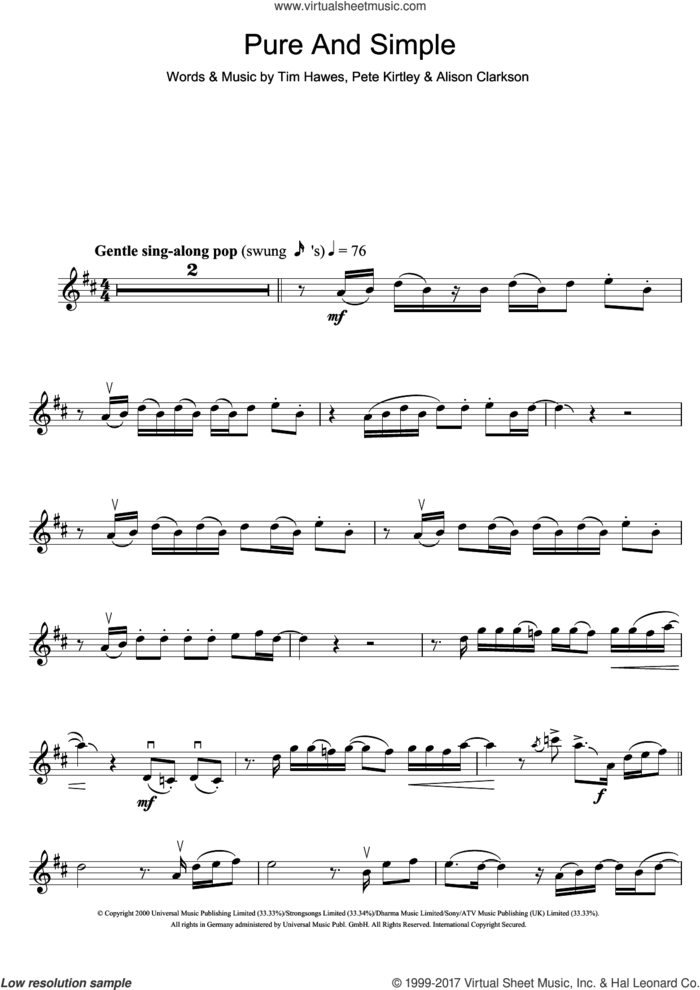 Pure And Simple sheet music for violin solo by Hear'Say, Alison Clarkson, Pete Kirtley and Tim Hawes, intermediate skill level