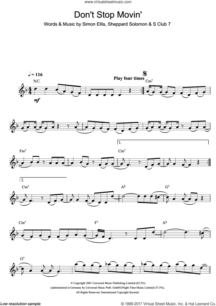 Don't Stop Movin' sheet music for clarinet solo by S Club 7, Sheppard Solomon and Simon Ellis, intermediate skill level